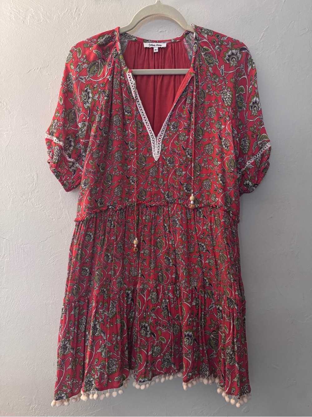 CELINA MOON Burnt Orange Boho Dress with Pom Trim